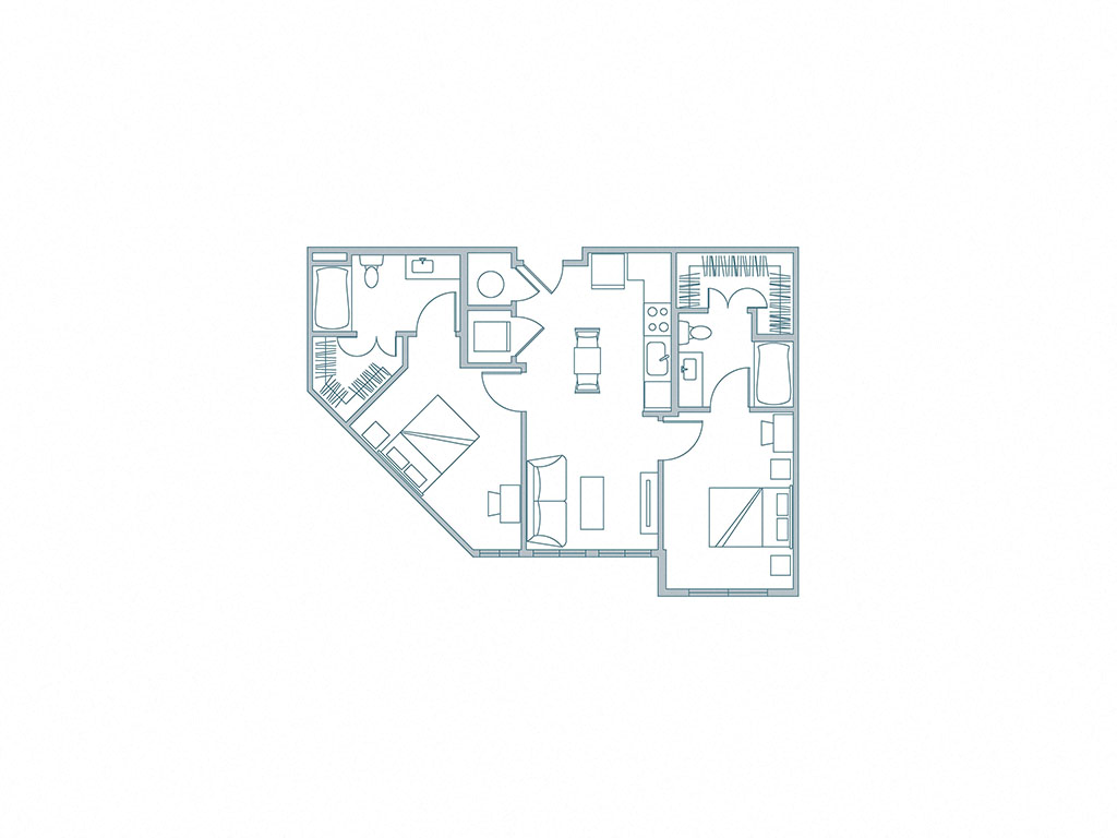 Floor plan for 2 beds, 2 baths, 417 sqft